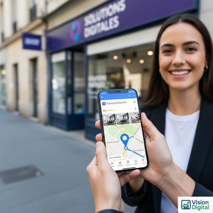 Fiche Google Business Profile affichée sur smartphone devant un commerce local