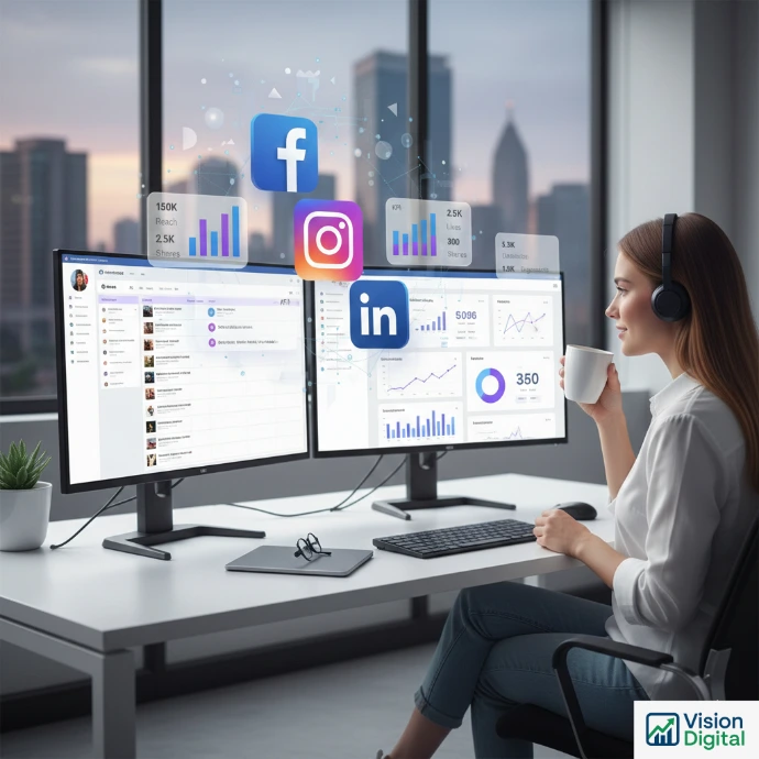 Gestion réseaux sociaux Facebook Instagram LinkedIn avec tableaux de bord analytics
