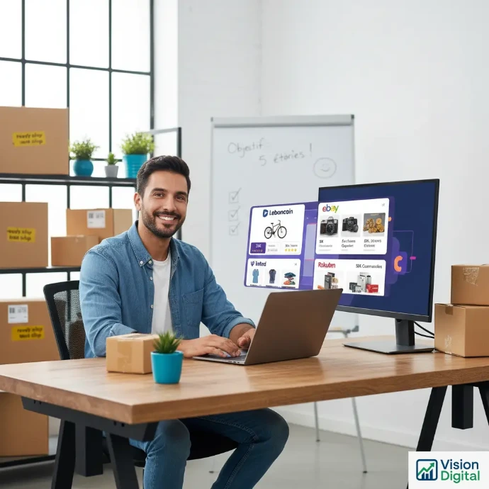 Vendeur marketplace gérant ses annonces Leboncoin eBay Vinted Rakuten avec colis