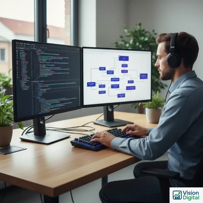 Développeur programmant une application sur mesure avec code et diagramme de flux
