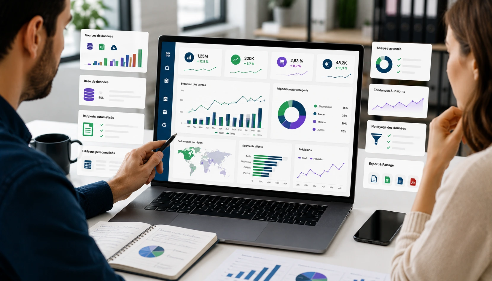 Pack Analyse de Données — tableau de bord Power BI personnalisé avec KPI clés, segmentation à jour et reporting automatisé pour PME