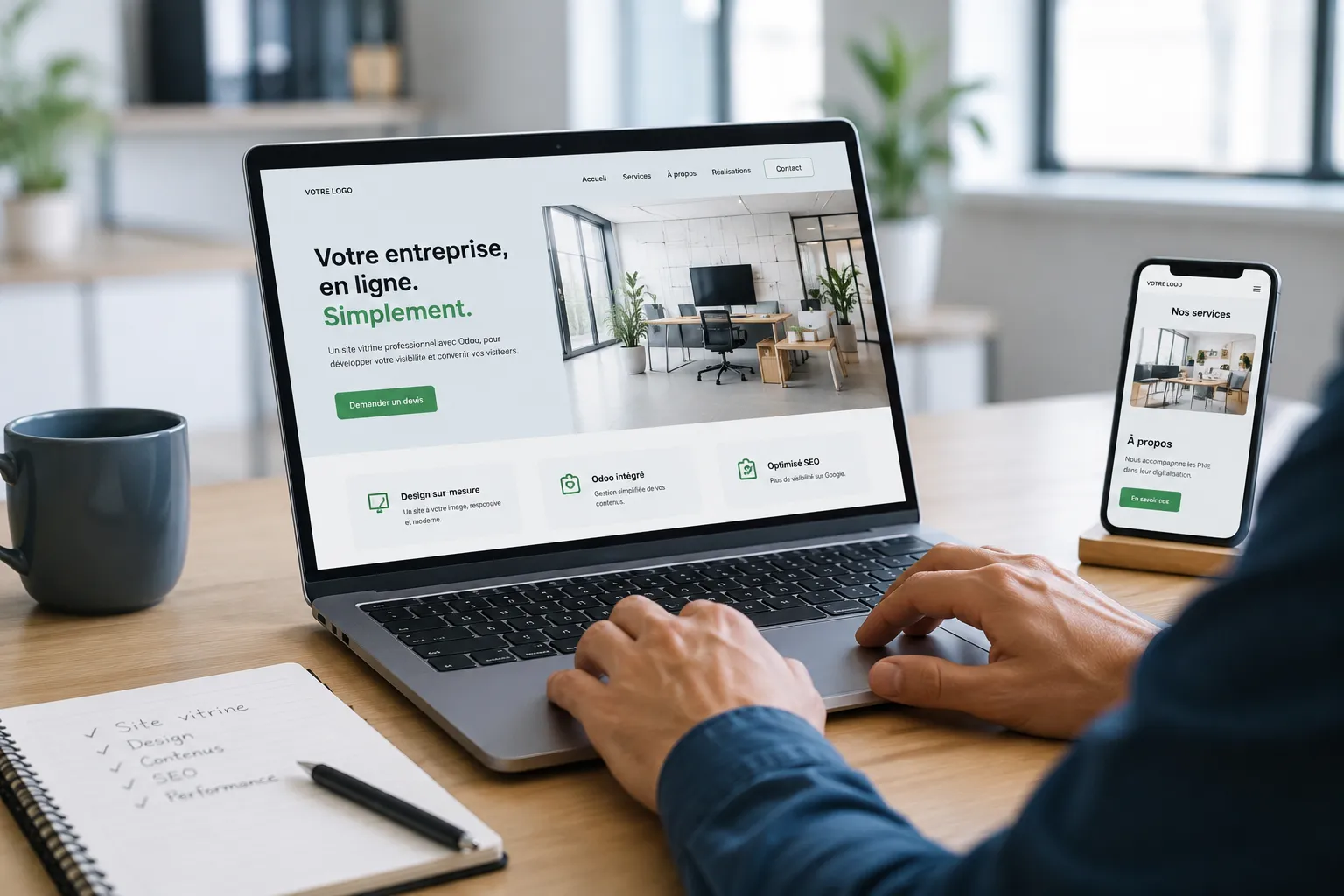 Site vitrine Odoo clé en main pour PME — pages SEO-optimisées, blog intégré, formulaire contact, hosting Odoo Online inclus