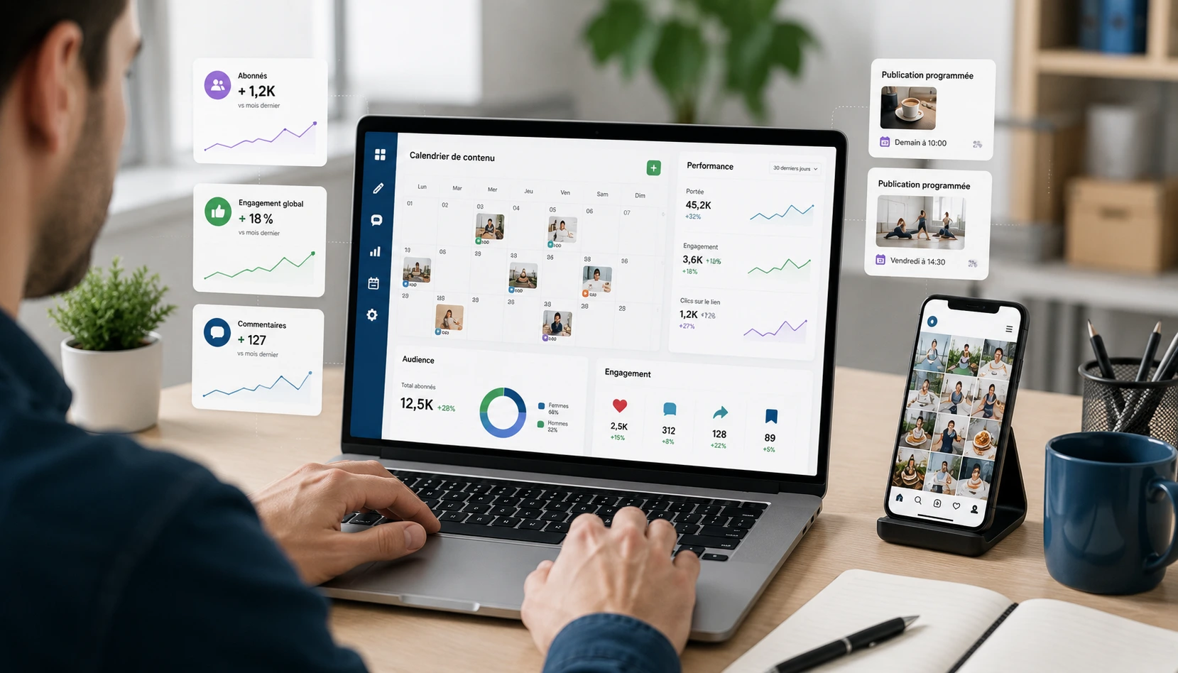 Pages Facebook Pro et Instagram Business pour PME — connectées à Odoo Social, modèle visuel, calendrier de publication stratégique