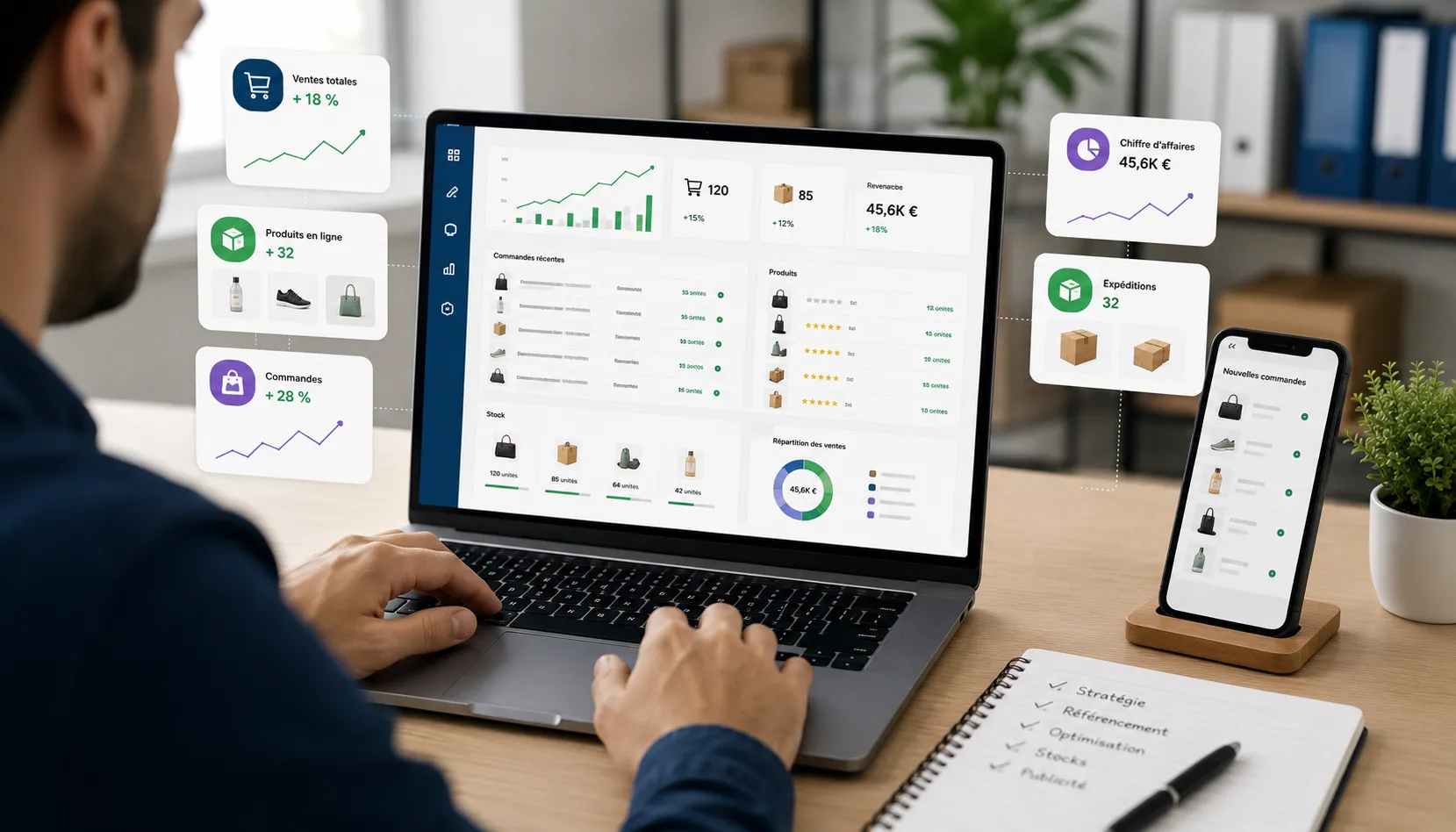Boutique pro sur Amazon, eBay ou FNAC — fiche produit conforme charte, optimisation BSR, traitement commandes via Odoo, suivi performance