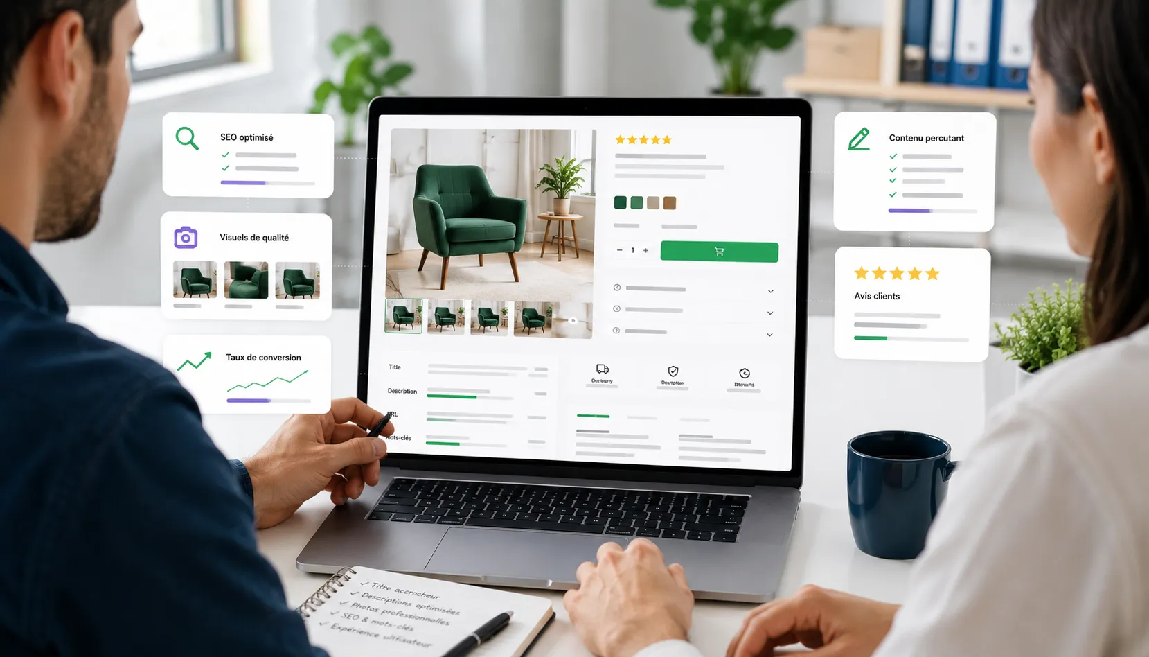 Fiche produit e-commerce SEO — H1 cléair, photos pro, description, FAQ, JSON-LD Product, microdata pour Google Shopping et résultats enrichis