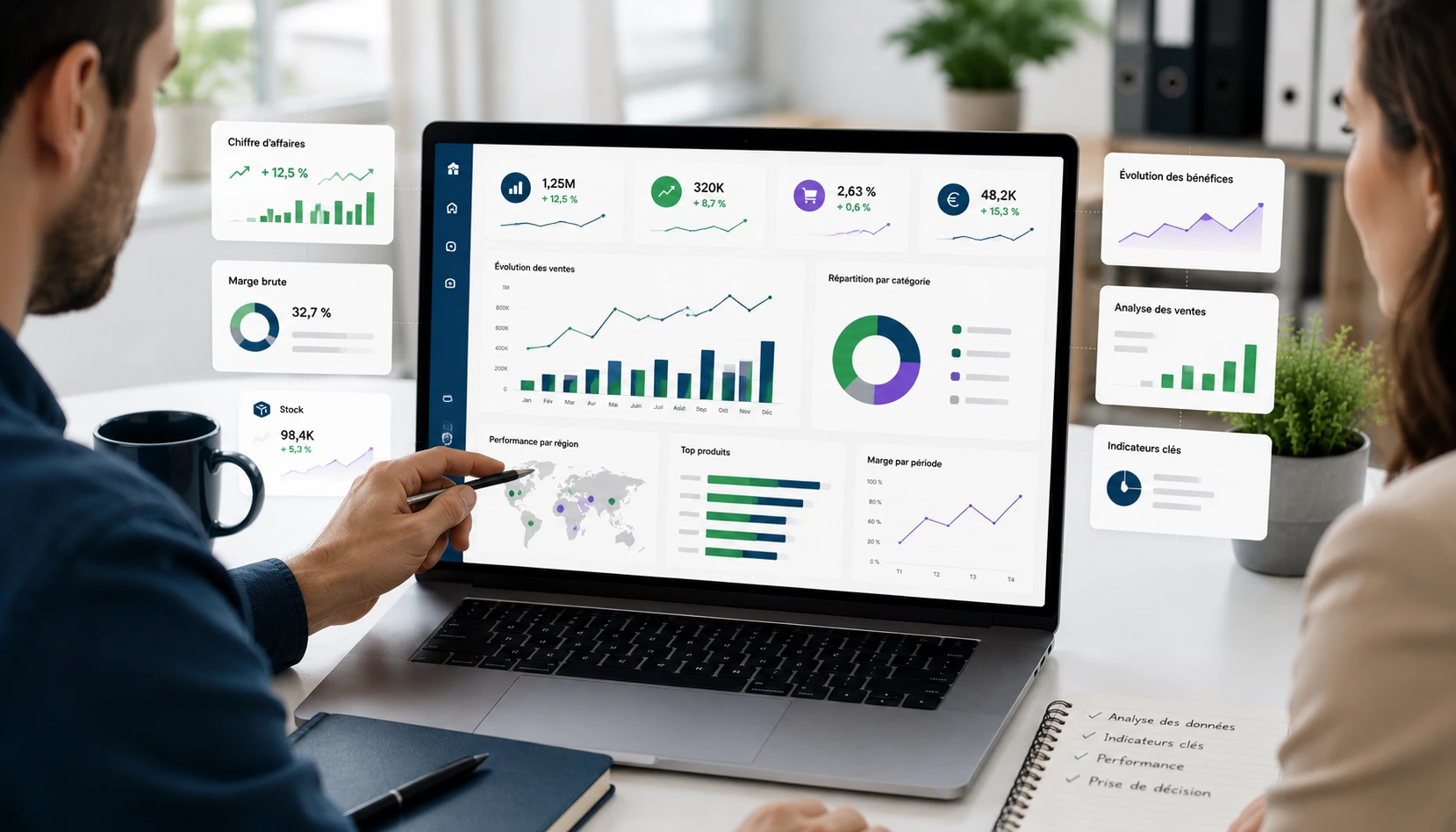 Tableaux de bord Power BI personnalisés — KPI clés, segmentation client, suivi marges, automatisation reporting mensuel pour PME