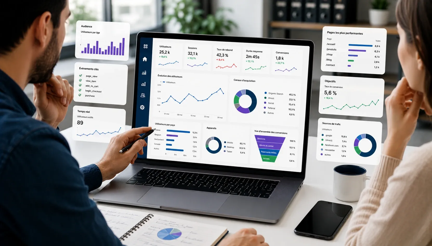 Configuration GA4 + Search Console — events conversion, dimensions custom, tableau de bord Looker Studio, suivi performance SEO et ROI marketing