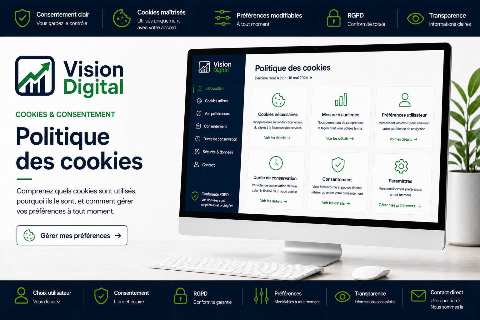 Vision Digital — politique cookies en un coup d'œil : cookies essentiels uniquement, aucun cookie publicitaire, pas de tracking commercial, mesure d'audience anonymisée, conforme RGPD et CNIL