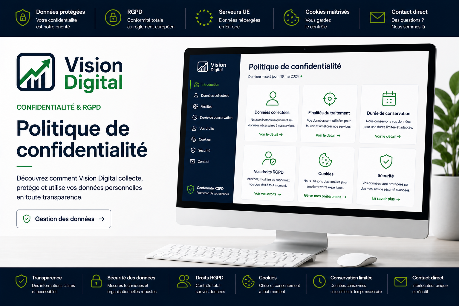 Vision Digital — politique de confidentialité en un coup d'œil : conforme RGPD et CNIL, pas de revente de données à des tiers, hébergement sécurisé en Europe, droits d'accès, rectification et suppression garantis