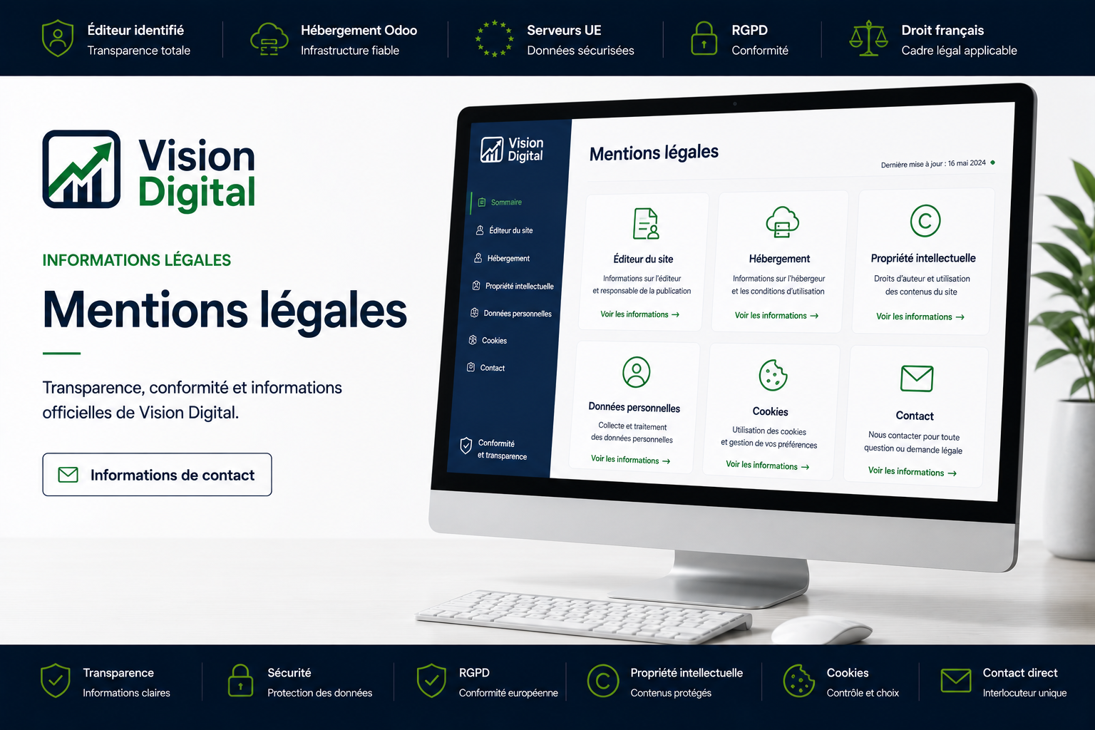 Vision Digital — mentions légales en un coup d'œil : micro-entreprise déclarée à Bapaume (SIREN public), hébergement OVHcloud France, conformité RGPD et CNIL, propriété intellectuelle protégée, contact direct avec le fondateur Jamal