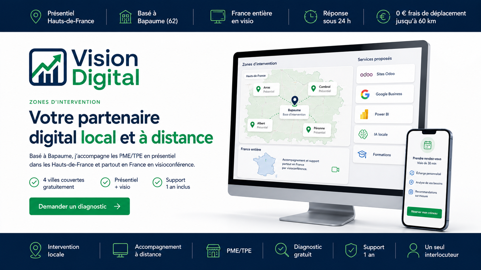 Vision Digital — zones d'intervention en un coup d'œil : présentiel Hauts-de-France (Arras, Cambrai, Albert, Péronne), basé à Bapaume, France entière en visio, 0€ frais de déplacement jusqu'à 60 km, réponse sous 24h