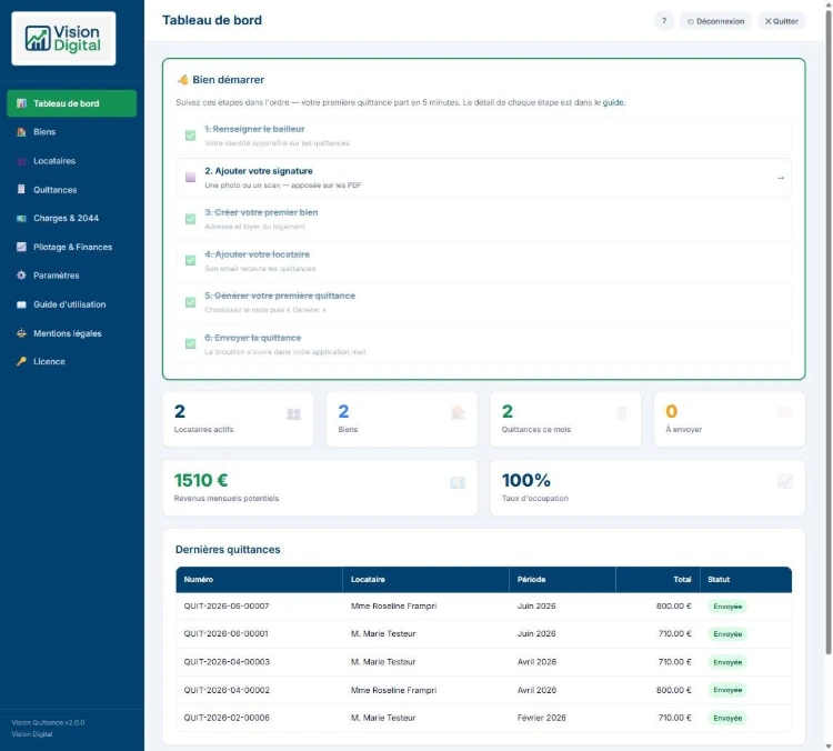 Tableau de bord Vision Quittance — vue d'ensemble bailleur