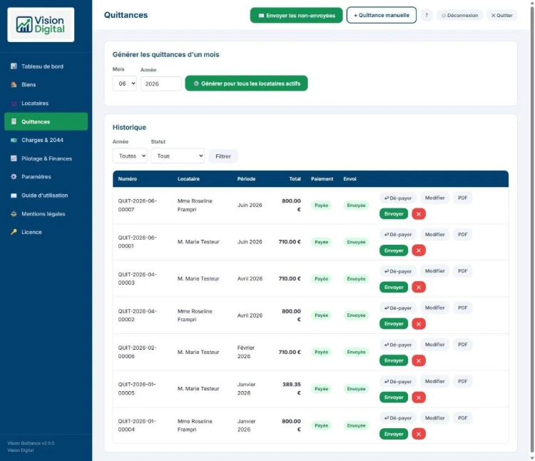 Logiciel de quittance de loyer : génération mensuelle automatique et envoi par email avec suivi des paiements