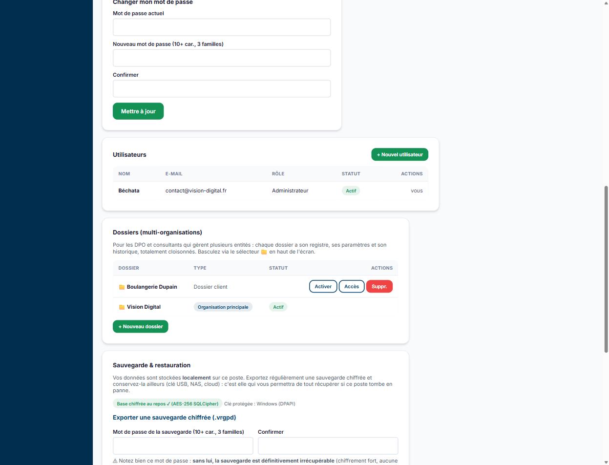 Vision RGPD — gestion multi-dossiers avec cloisonnement pour DPO externe et agence